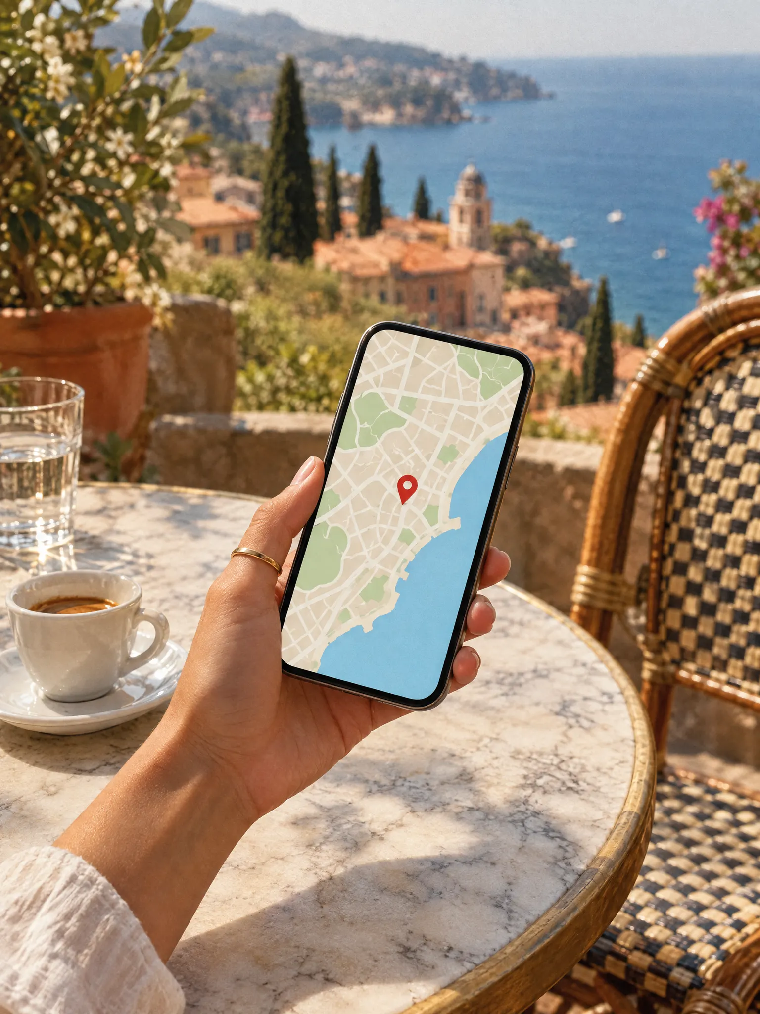 Telefon sa mapom i crvenom oznakom lokacije iznad stola u kafeu na terasi